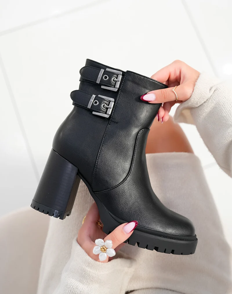 Bottines femme noires avec talon épais et double lanières ajustables