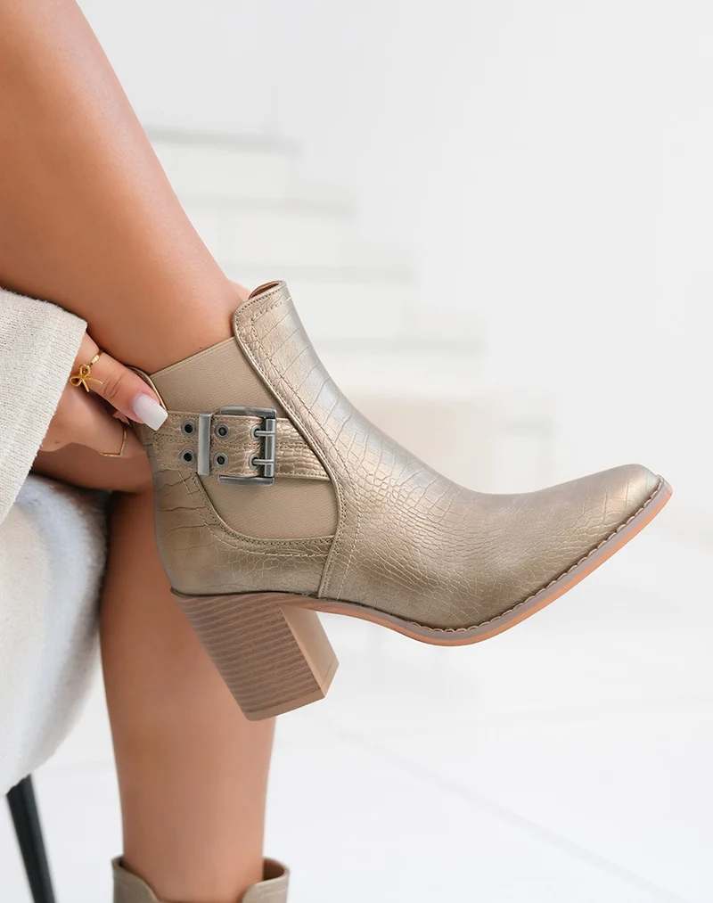Bottines femme dorées texturées avec talon et sangles argentées