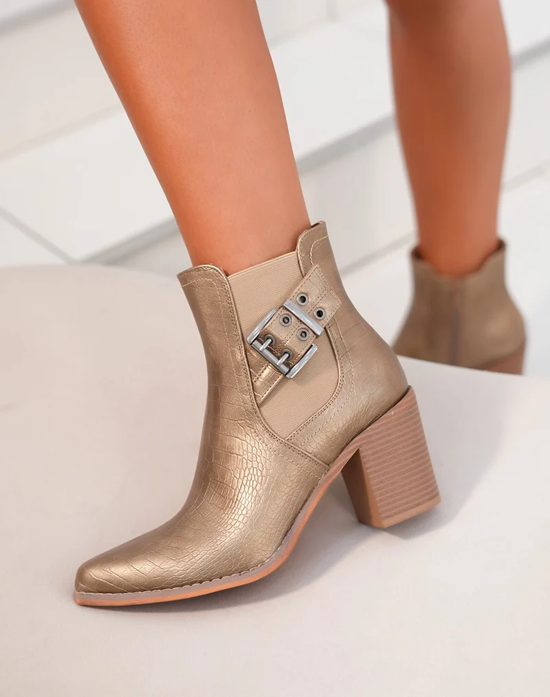 Bottines femme dorées texturées avec talon et sangles argentées