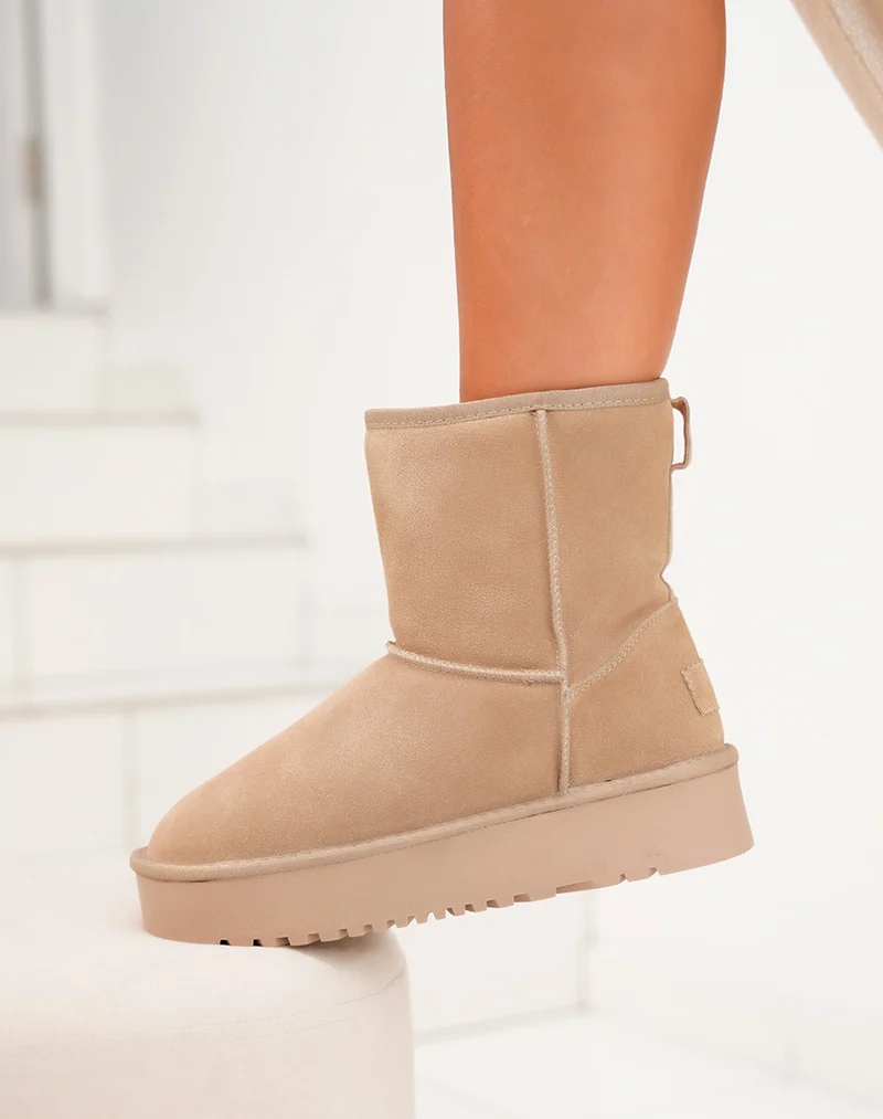 Bottines femme taupe en cuir à plateforme épaisse fourrées et tendance