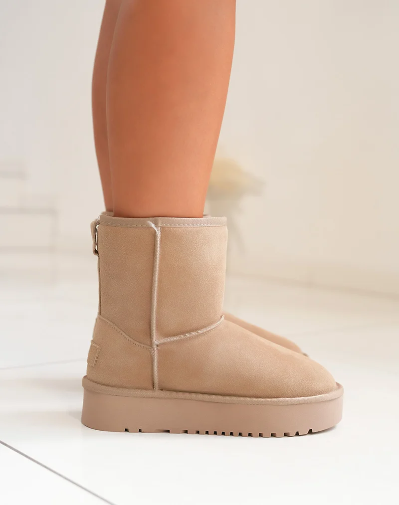 Bottines femme taupe en cuir à plateforme épaisse fourrées et tendance