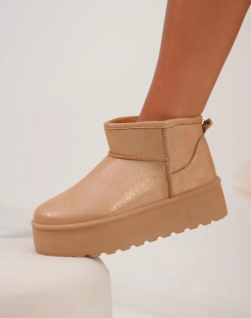 Bottines femme camel métallisé rosegold tendance avec grosse plateforme et intérieur fourré