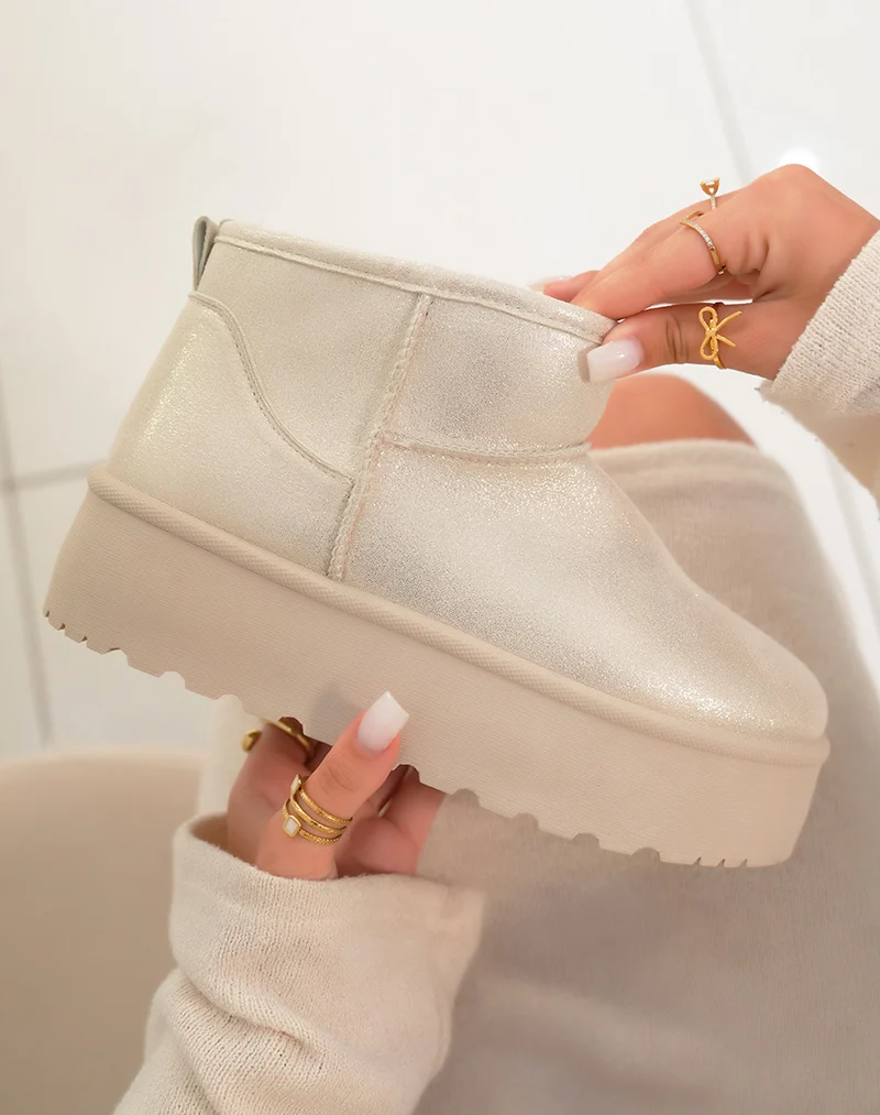 Bottines femme beige métallisé tendance avec grosse plateforme et intérieur fourré