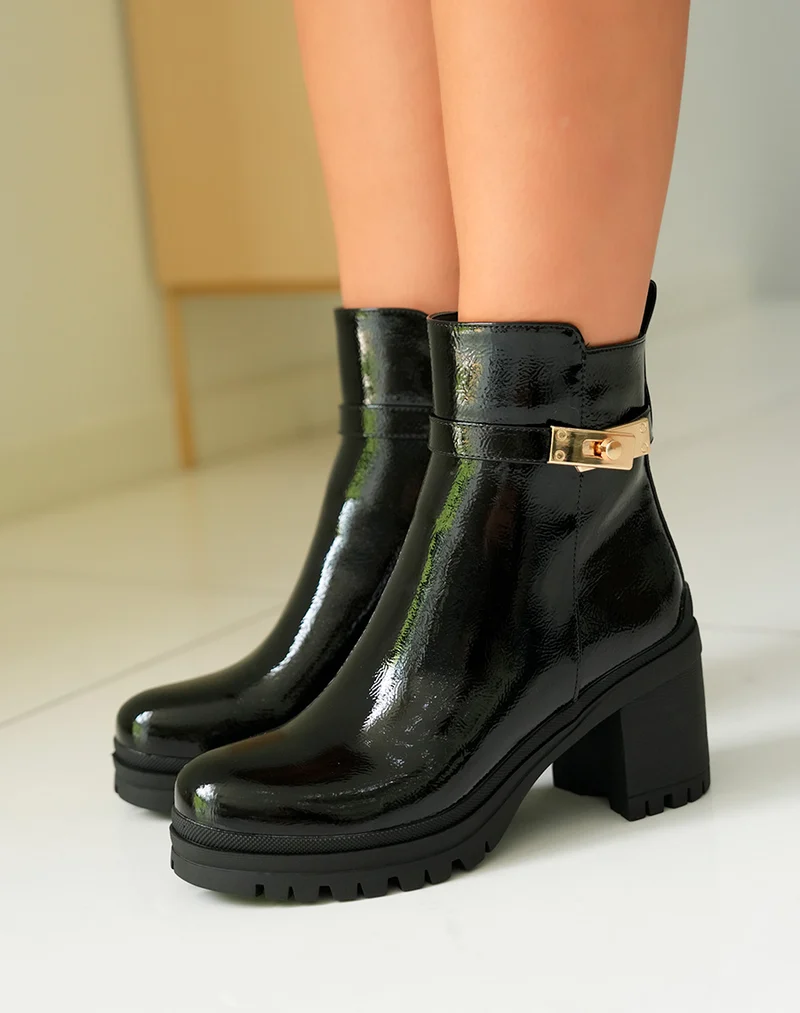 Bottines Femme Noires Vernies à Talon Cranté