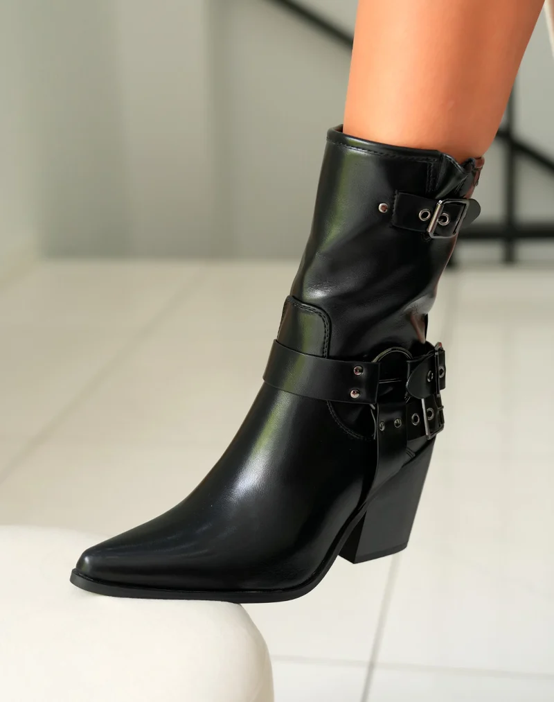 Bottines Noires à Talon Cow-Boy et Bout Pointu pour Femme