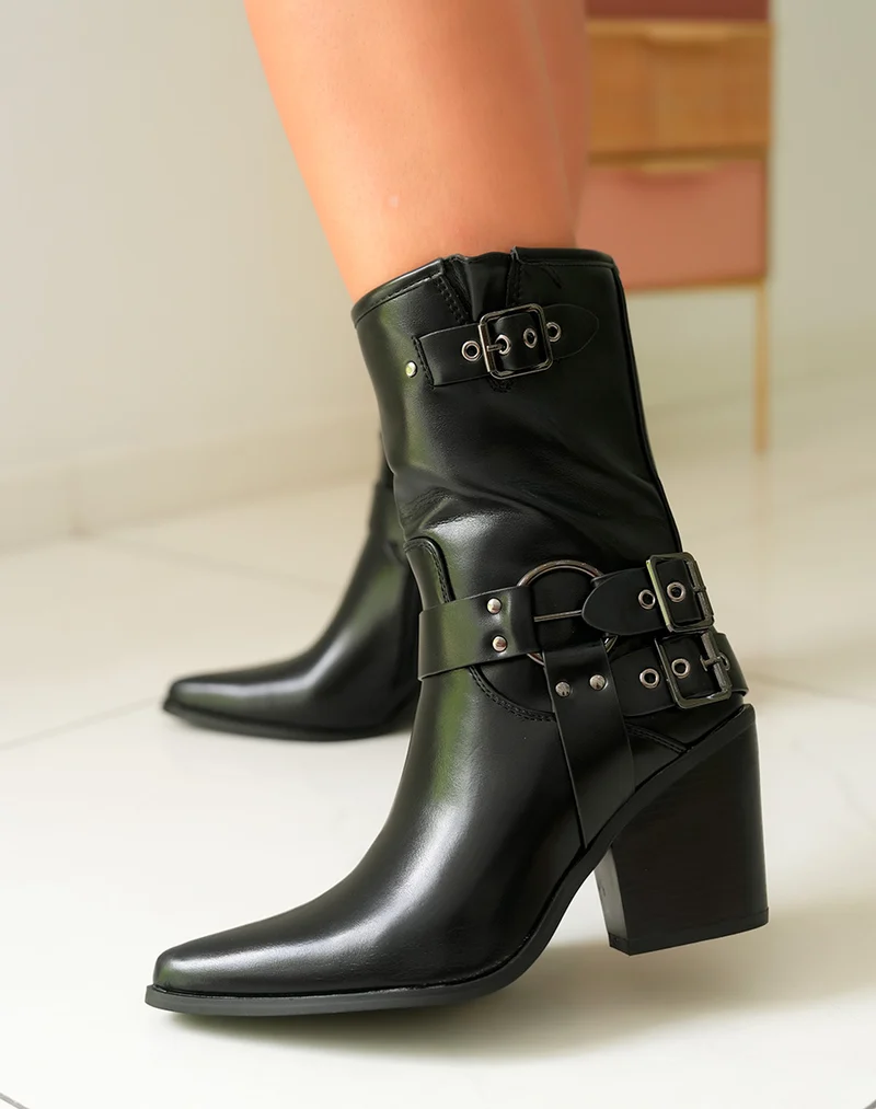 Bottines Noires à Talon Cow-Boy et Bout Pointu pour Femme