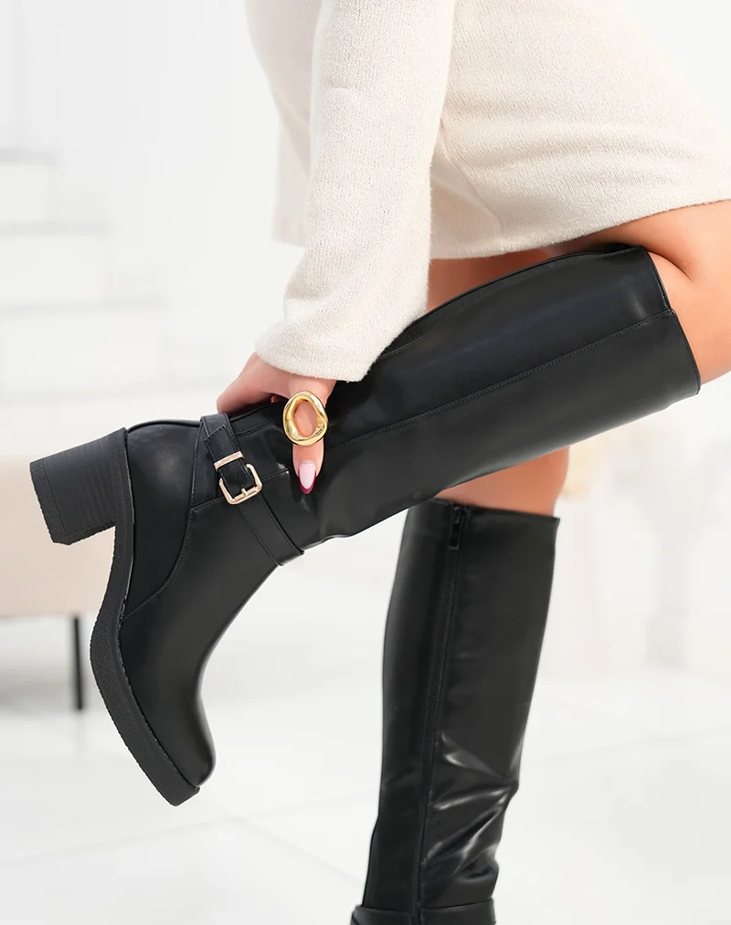 Bottes femme noires à talon épais avec élastique et boucle dorée élégance et modernité