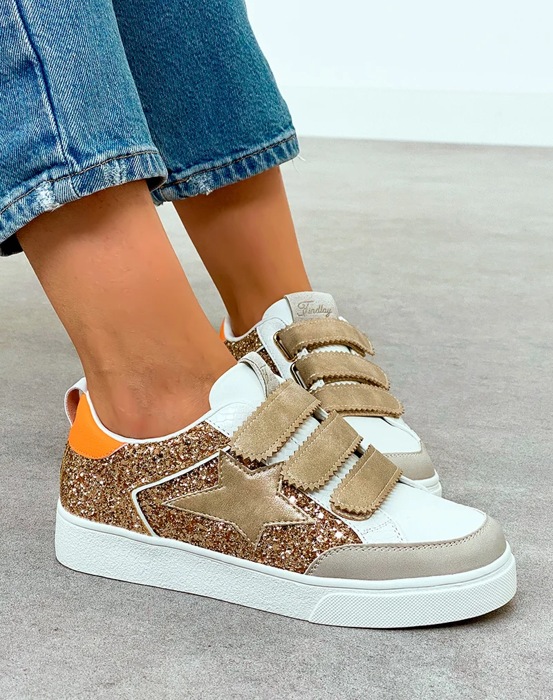 Baskets femme dorées à scratch et empiècements pailletés