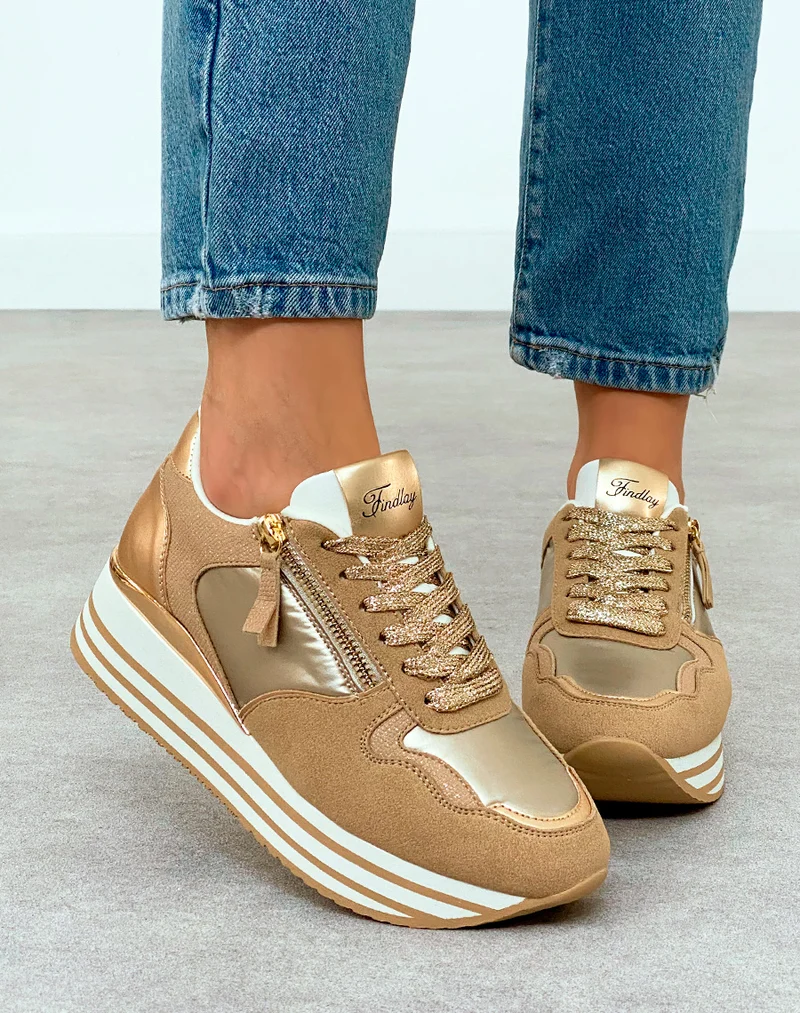 Baskets Femme Beige Métallisé Plateforme Dorée Chic
