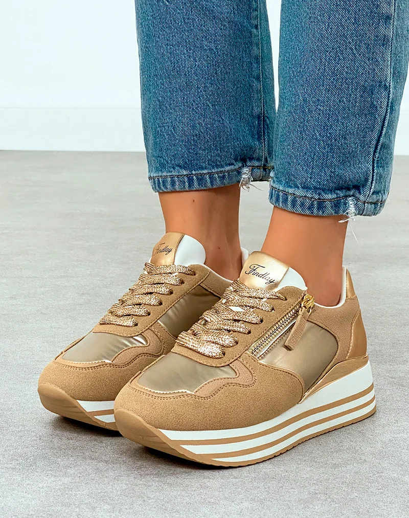Baskets Femme Beige Métallisé Plateforme Dorée Chic