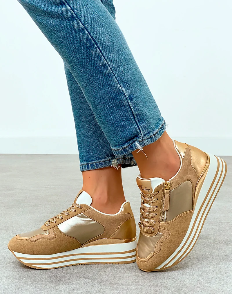 Baskets Femme Beige Métallisé Plateforme Dorée Chic