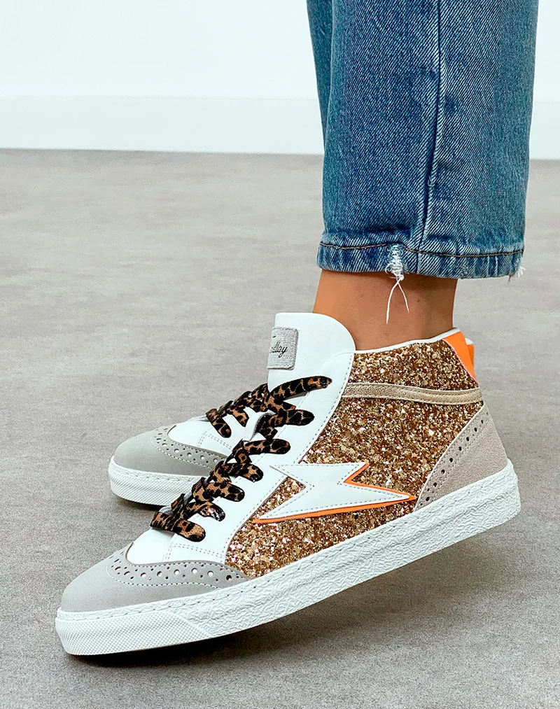 Baskets Montantes Femme Beige Glamour à Paillettes et Lacets Léopard