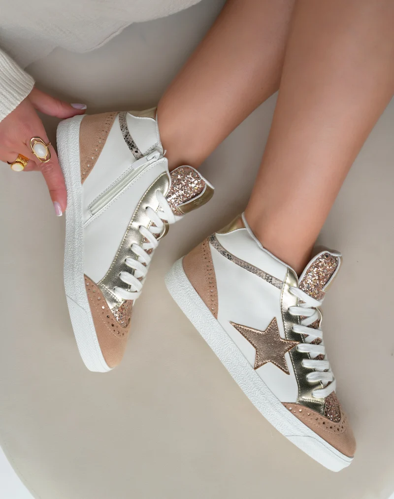 Baskets Montantes Femme Beige Nuancé Tendance avec Paillettes et Étoile Dorée