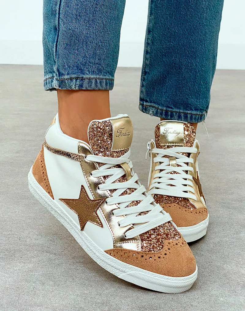 Baskets Montantes Femme Beige Nuancé Tendance avec Paillettes et Étoile Dorée