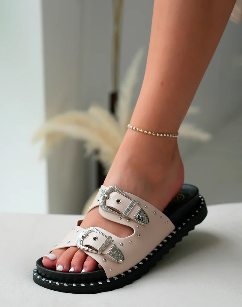 Mules Femme Beige à Double Sangle et Semelle Épaisse Cloutée