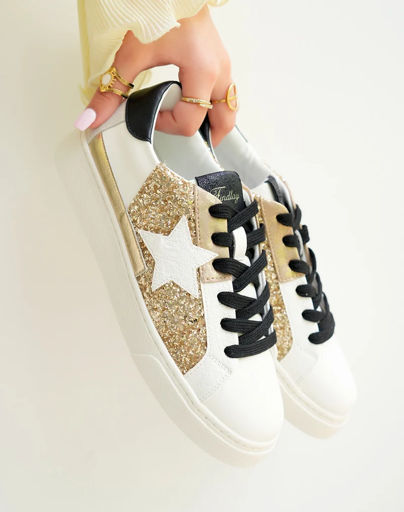 Baskets femme blanche à lacets noires à détail étoile et empiècements