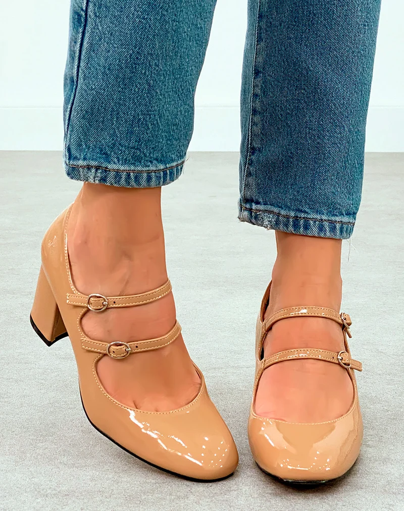 Babies Vernies Beige Foncé à Talon et Brides - Allure Chic et Raffinée