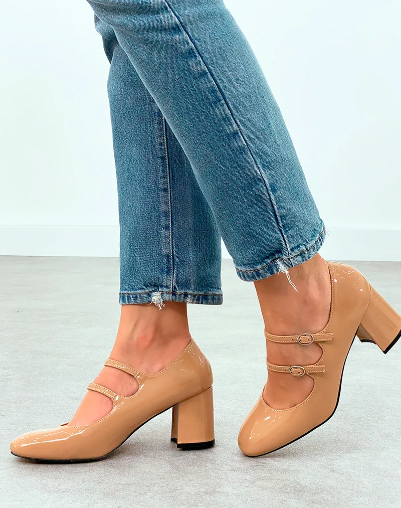 Babies Vernies Beige Foncé à Talon et Brides - Allure Chic et Raffinée