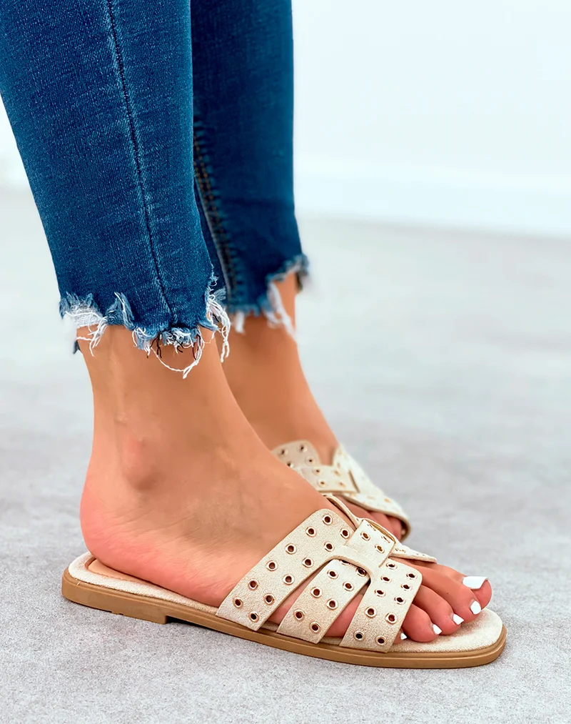 Mules en suédine beige à détails dorées pour femme