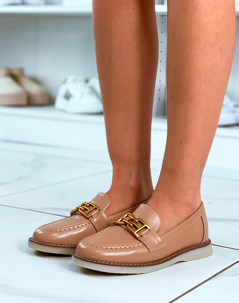 Mocassins beige foncé avec détails dorés mat pour femme