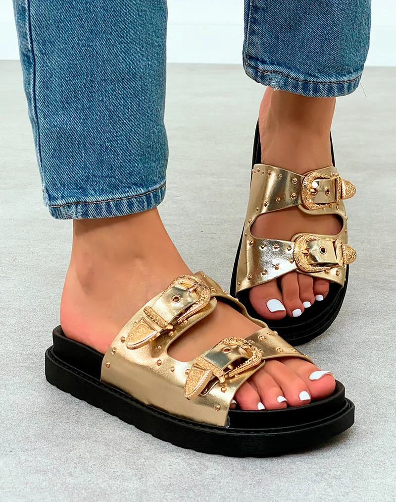 Sandales Plateforme Dorées Femme avec Clous et Sangles Boucle