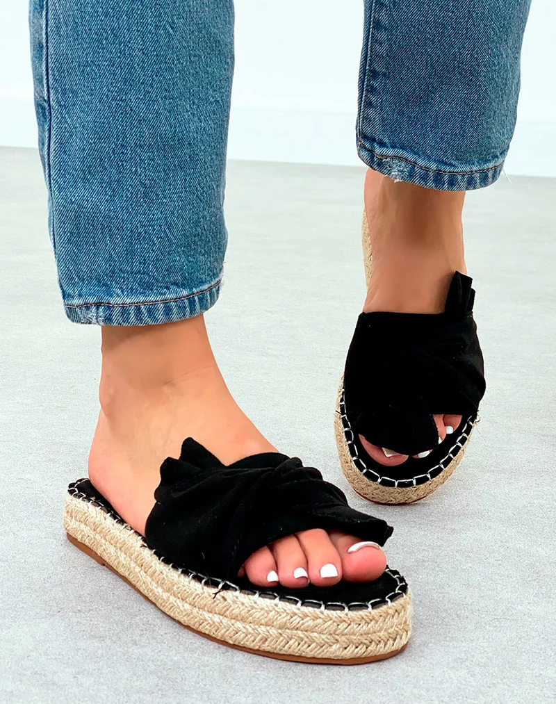 Mules Tendance en Suédine Noire avec Semelle en Corde et Nœud Décoratif