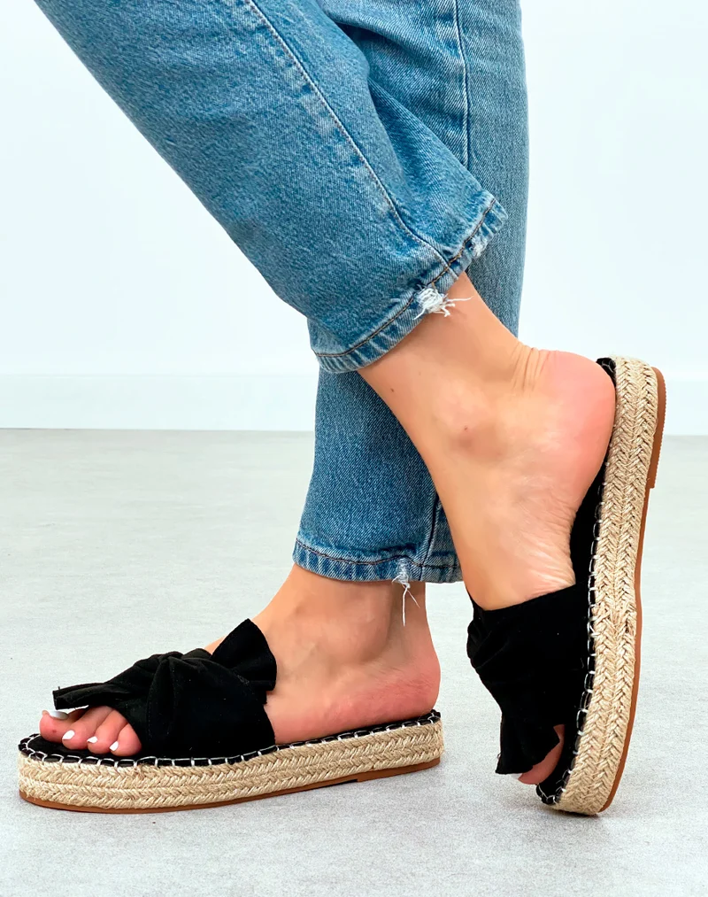 Mules Tendance en Suédine Noire avec Semelle en Corde et Nœud Décoratif