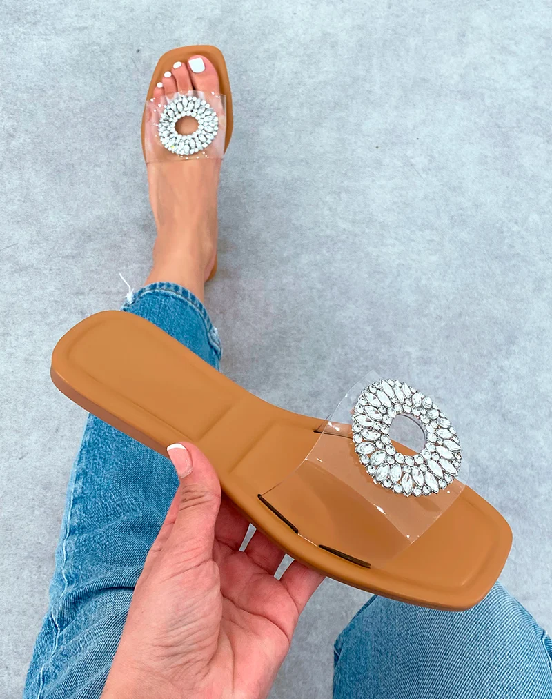 Mules Plates Transparentes avec Bijou Cristal pour Femme ? ?l?gance ?tincelante