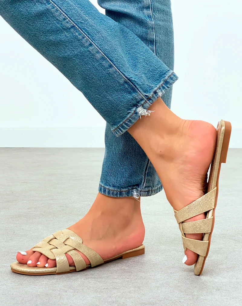 Mules Femme Dorée Élégante avec Brides Entrecroisées Effet Croco