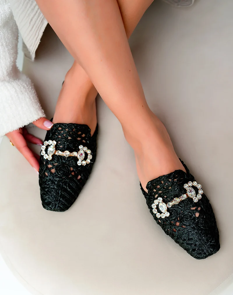 Mules Plates Femme Noires en Corde avec Détails Bijoux – Charme Artisanal