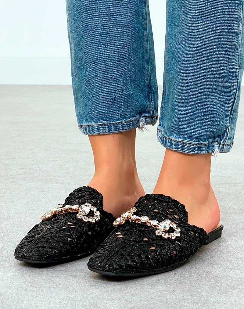 Mules Plates Femme Noires en Corde avec Détails Bijoux – Charme Artisanal