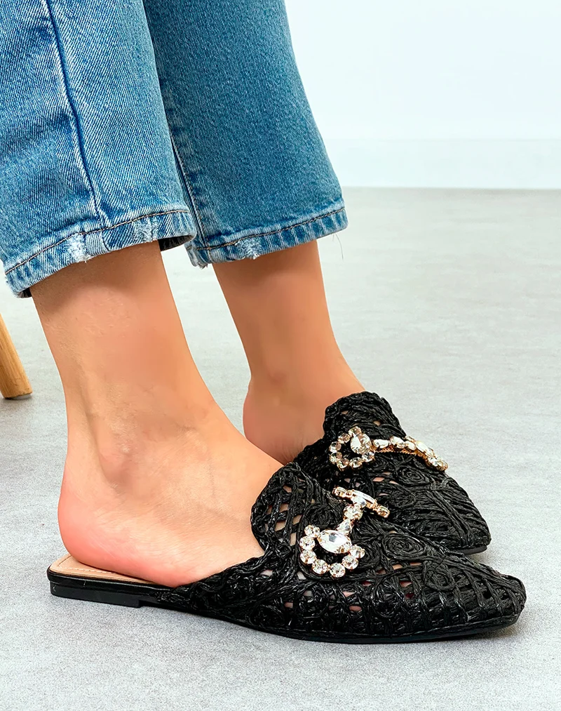 Mules Plates Femme Noires en Corde avec Détails Bijoux – Charme Artisanal