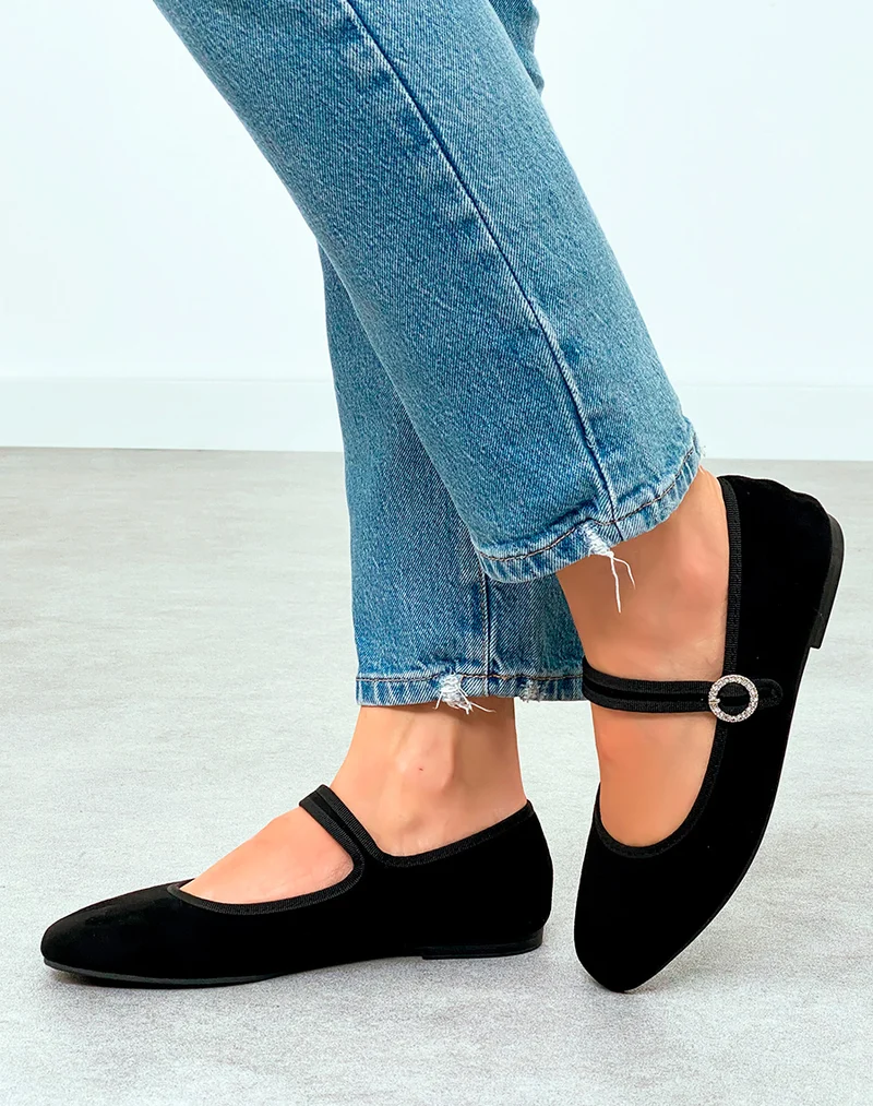 Ballerine femme noire chic en suédine avec détail strass argenté
