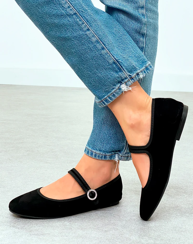 Ballerine femme noire chic en suédine avec détail strass argenté