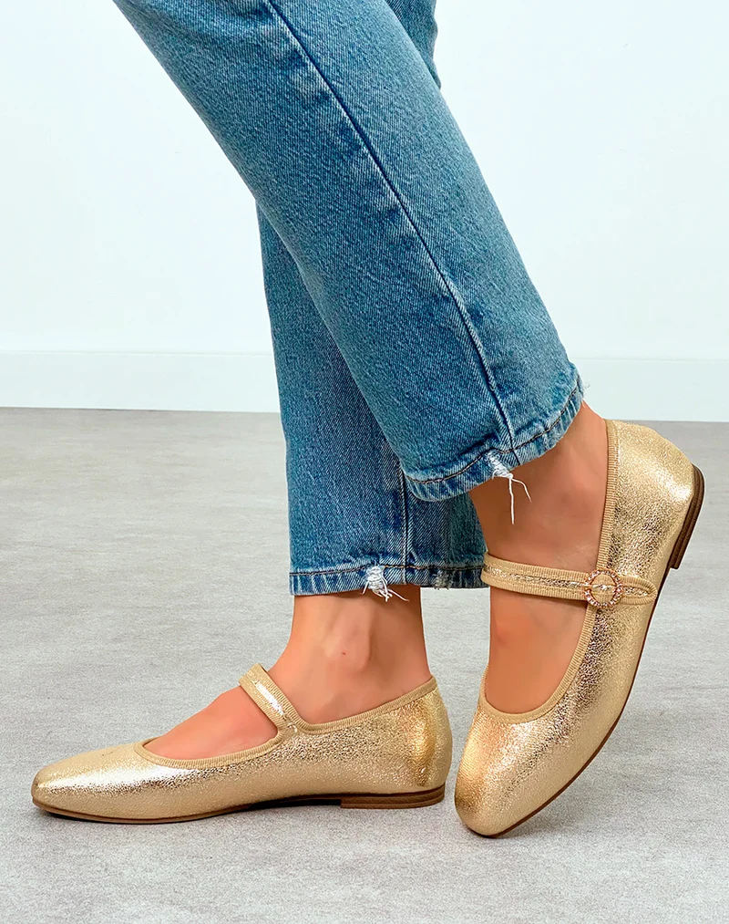 Ballerine femme dorée éclatante avec détail rond de strass doré