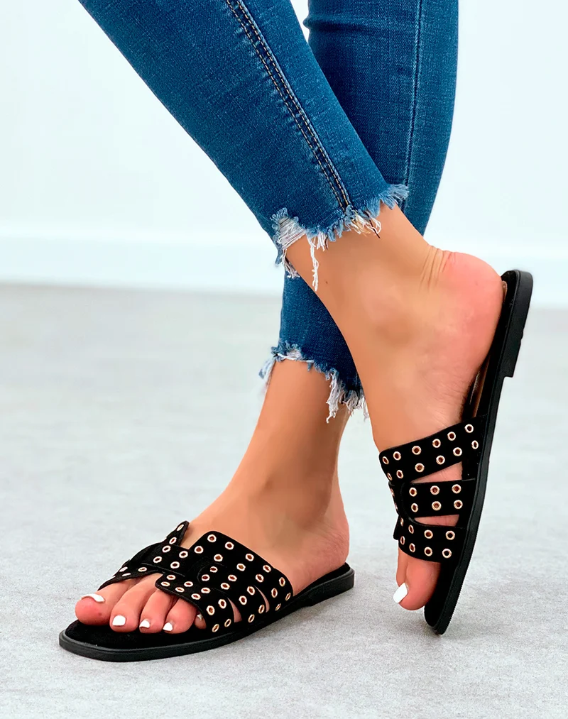 Mules en suédine noires à détails dorées pour femme