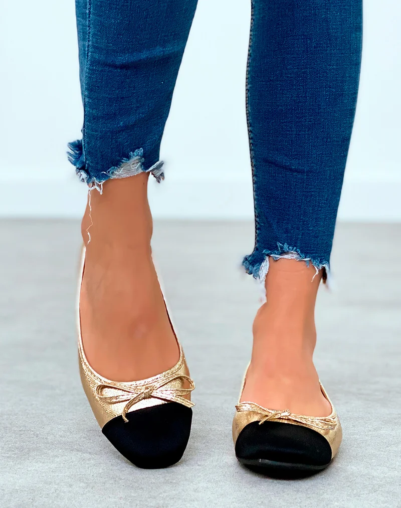 Ballerines dorées grainées pour femmes à détail nœud