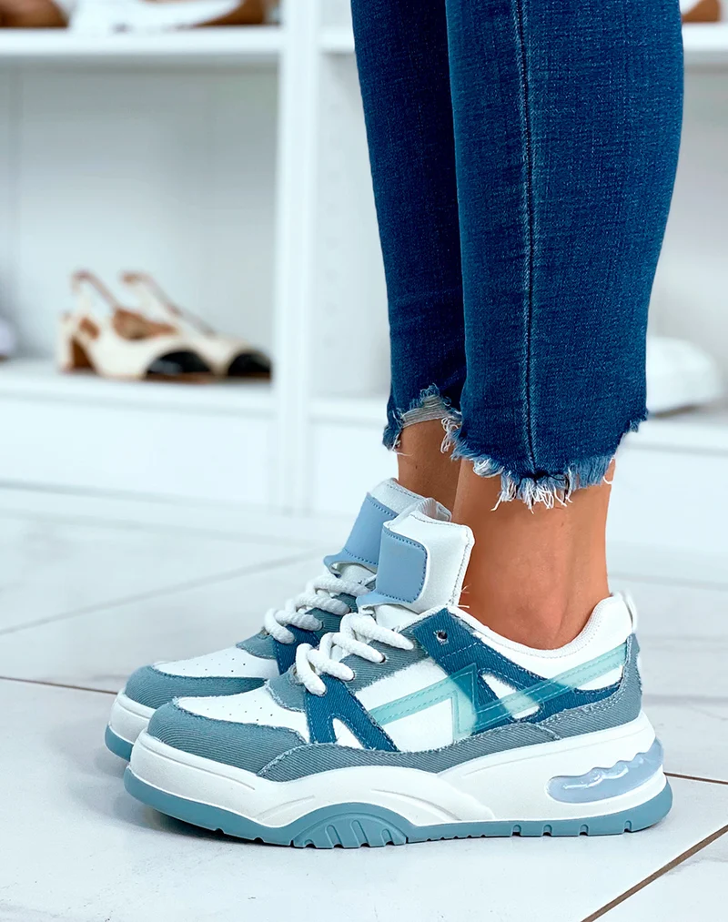 Baskets bi-couleur jeans et blanches à motif et à lacets effet corde