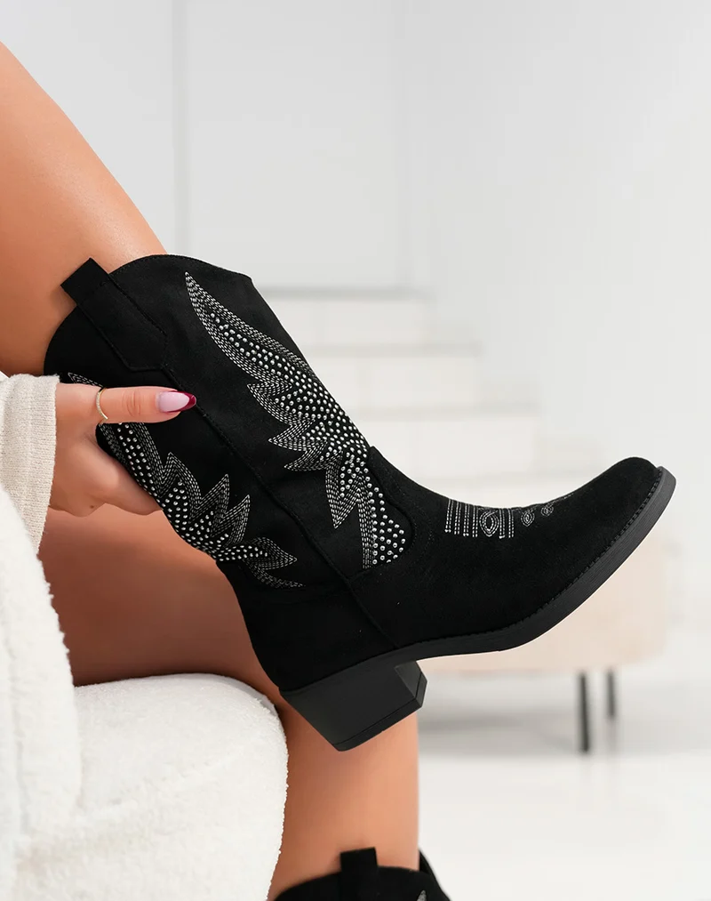 Bottines santiags femme noires en suédine avec strass argenté et talon bas