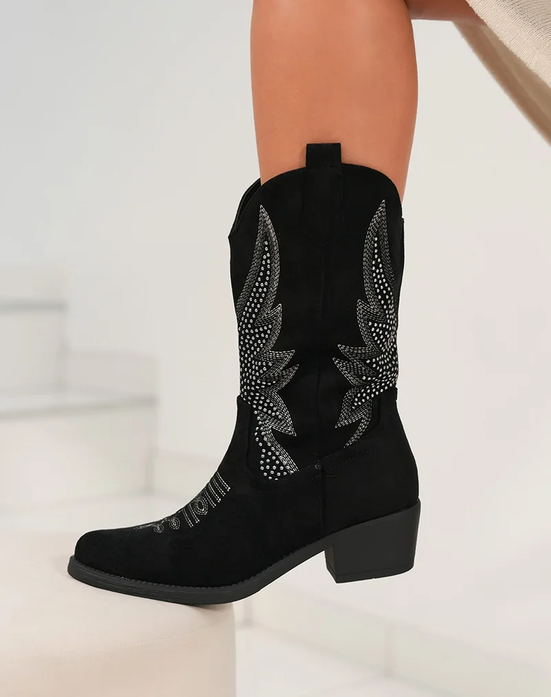 Bottines santiags femme noires en suédine avec strass argenté et talon bas