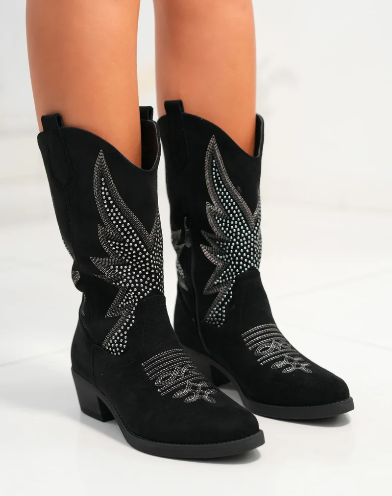 Bottines santiags femme noires en suédine avec strass argenté et talon bas