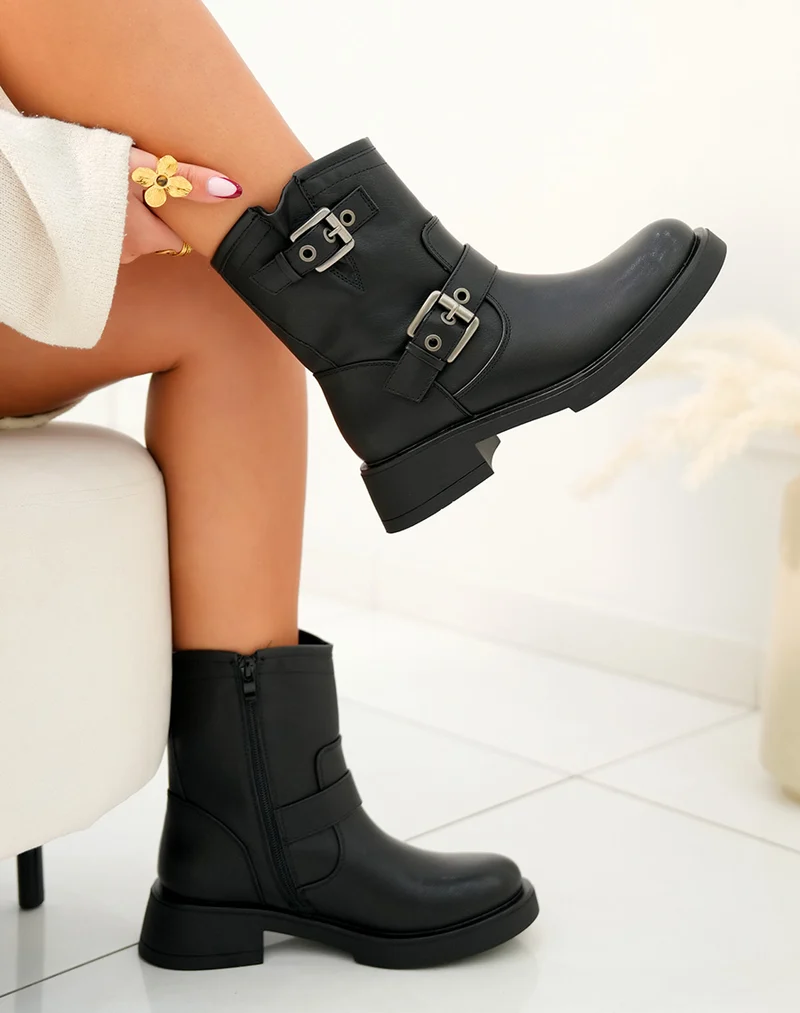 Bottines femme noires avec deux lanières argentées
