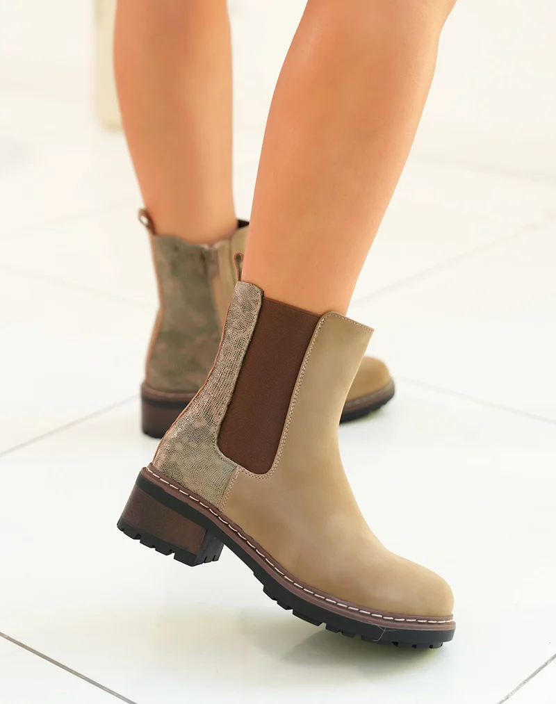 Bottines femme beige bi-matière avec effet crocodile et élastique
