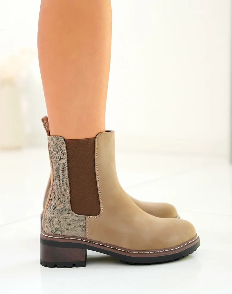 Bottines femme beige bi-matière avec effet crocodile et élastique