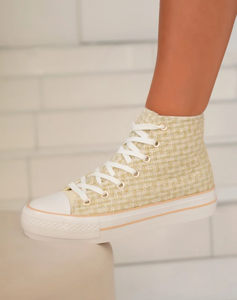 Basket montante femme en tweed doré avec fils métallisés