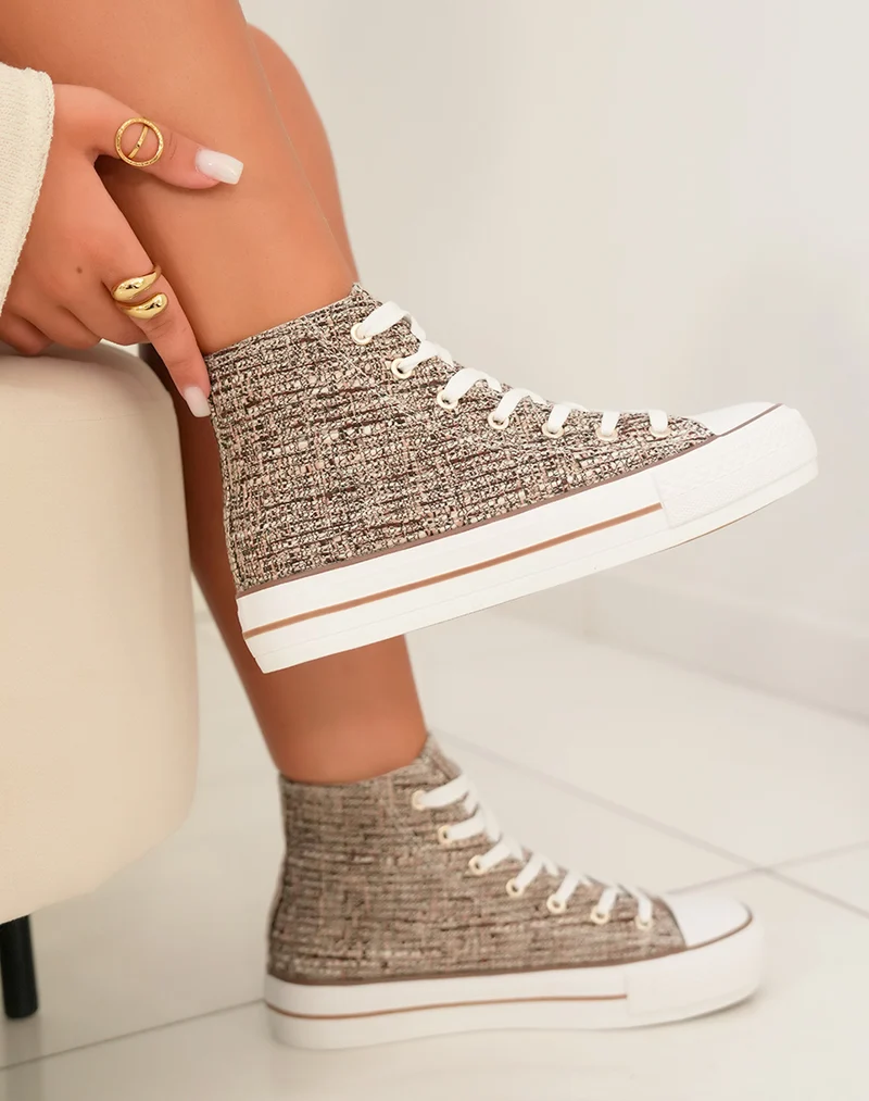Basket montante femme en tweed marron avec fils entrecroisés