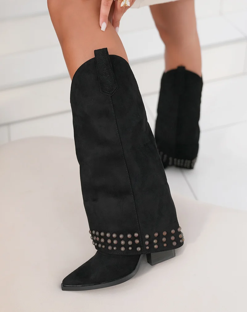 Bottes femme en suédine noire avec clous et talon épais de 85 cm