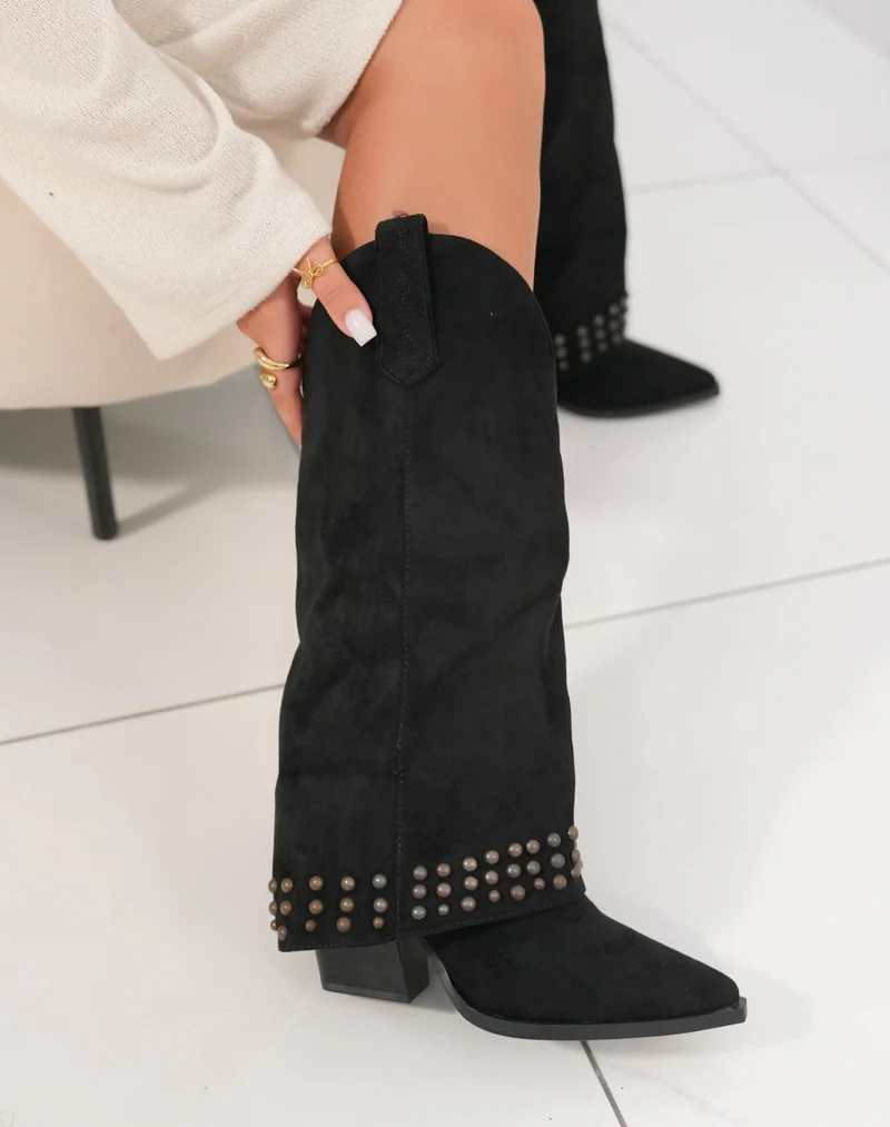 Bottes femme en suédine noire avec clous et talon épais de 85 cm