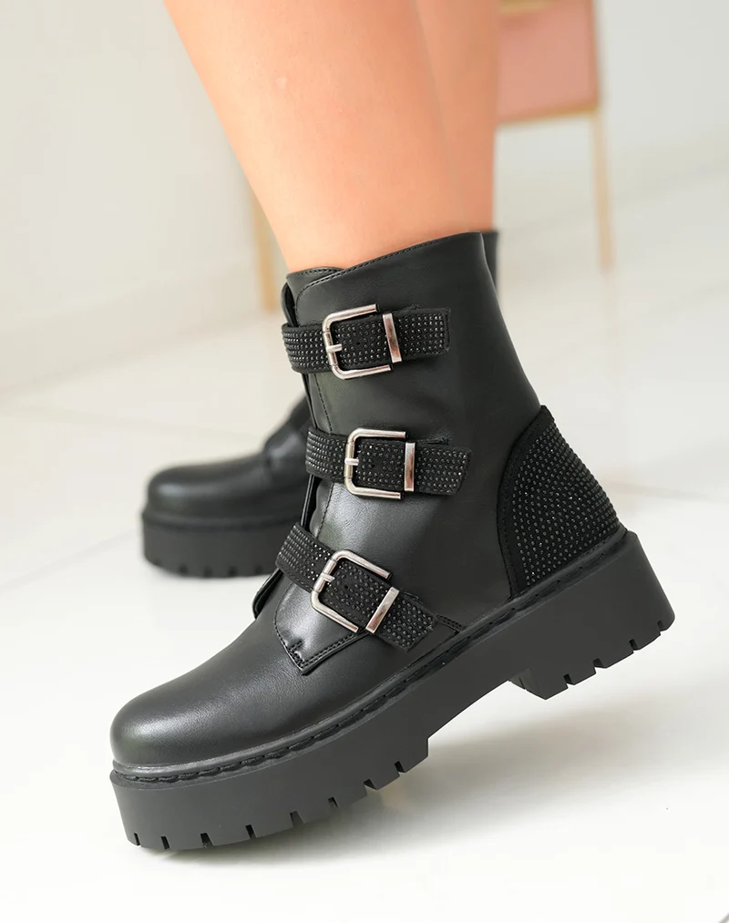 Bottines Femme Noires à Semelle Géante et Sangles Strassées