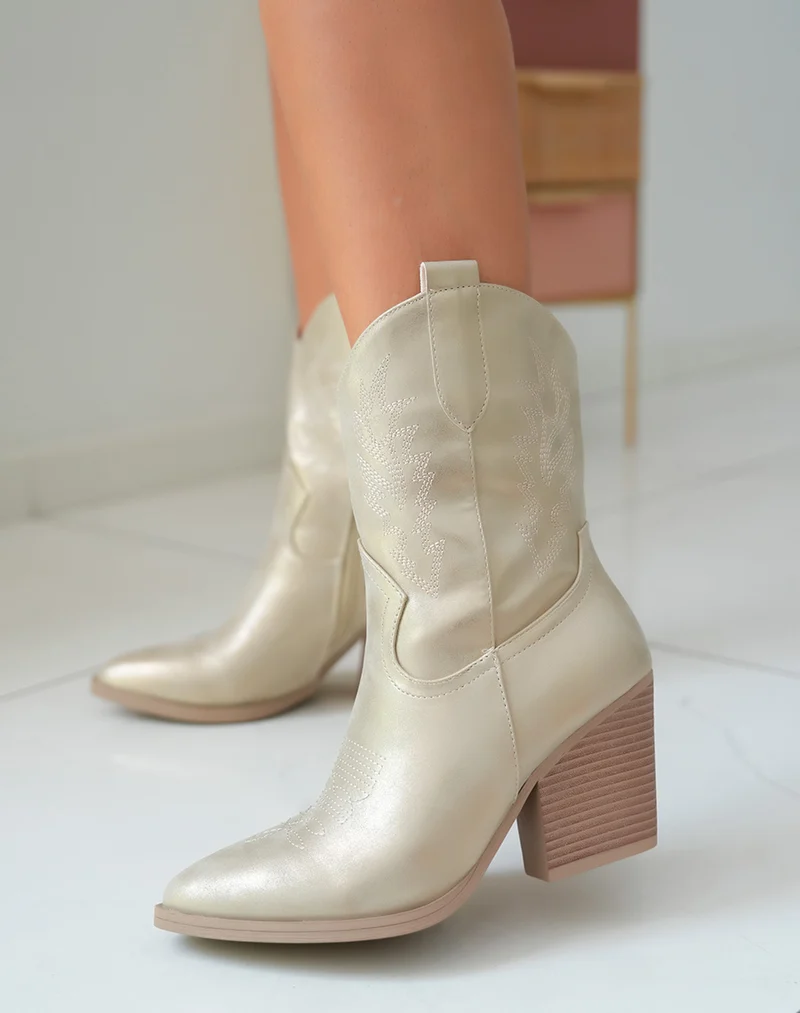 Bottes Santiags Femme Irisées Dorées avec Talon Marron Clair